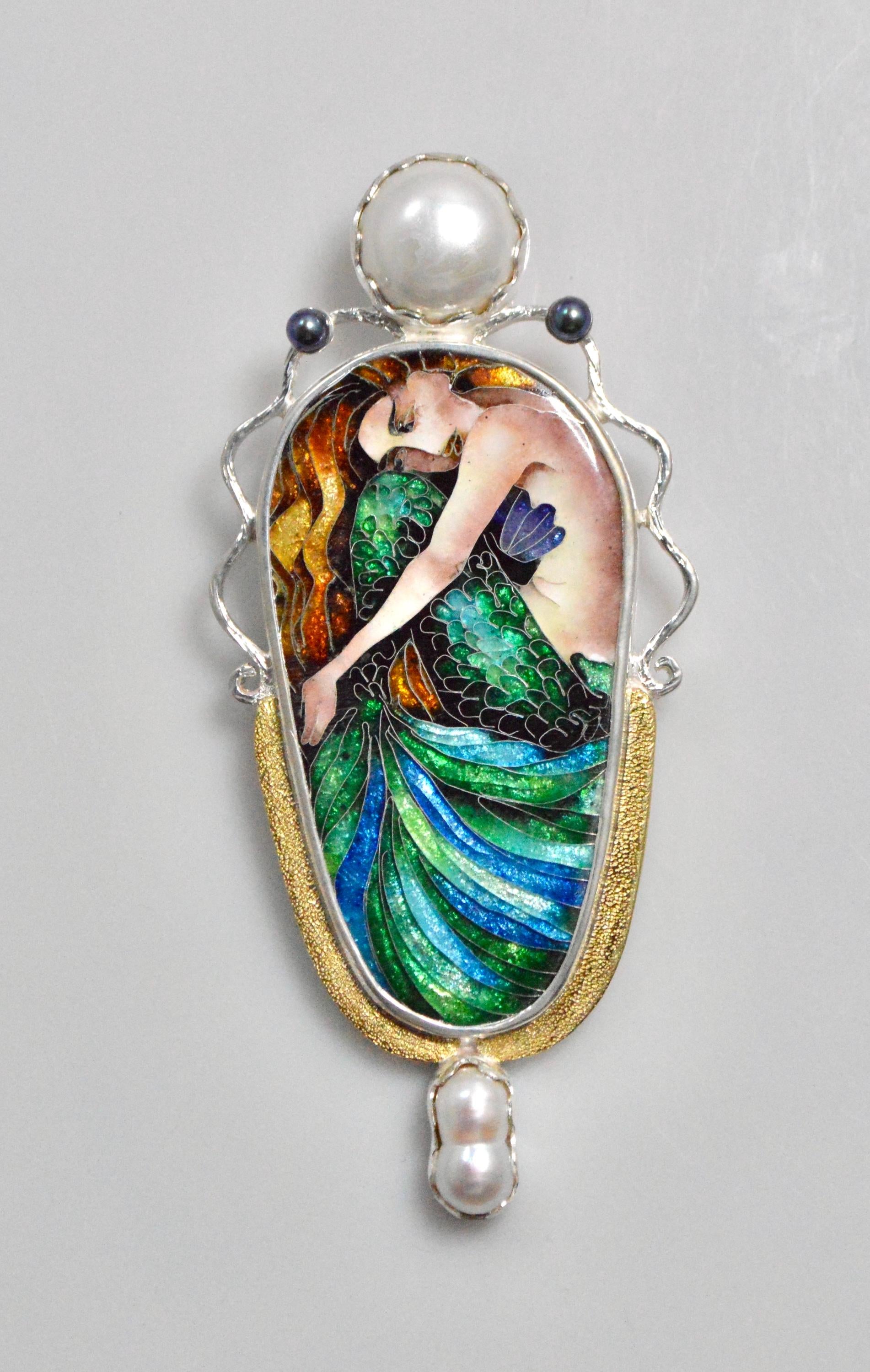 Redhaired mermaid daydreaming pendat with multicolor pearls. Mermaid gifts. Pearls. Mermaid jewelry. unique marine jewelry. Mermaid pendant