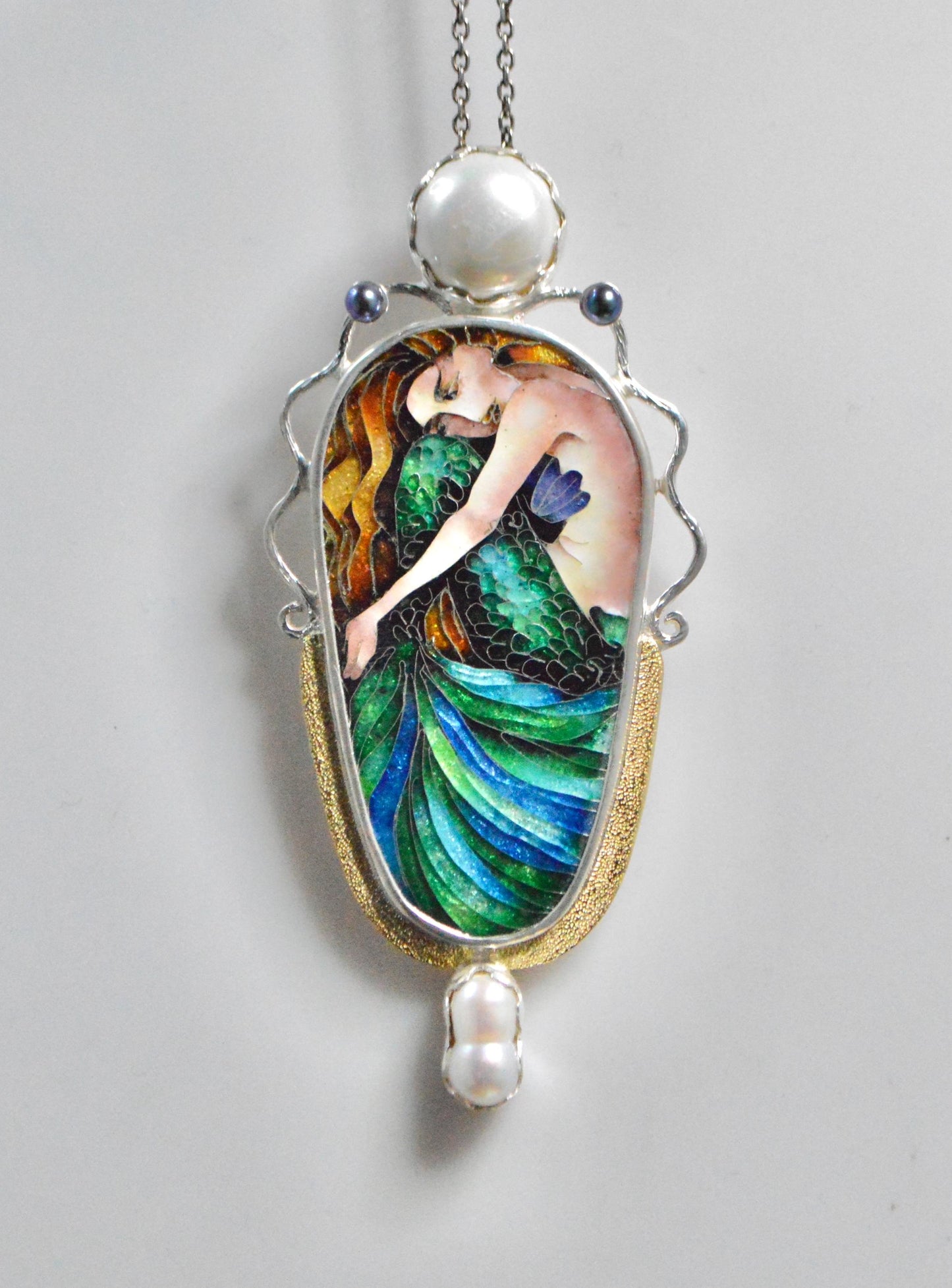 Redhaired mermaid daydreaming pendat with multicolor pearls. Mermaid gifts. Pearls. Mermaid jewelry. unique marine jewelry. Mermaid pendant