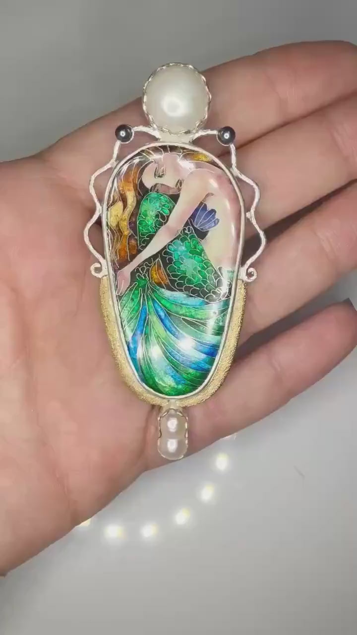 Redhaired mermaid daydreaming pendat with multicolor pearls. Mermaid gifts.  Pearls. Mermaid jewelry. unique marine jewelry. Mermaid pendant